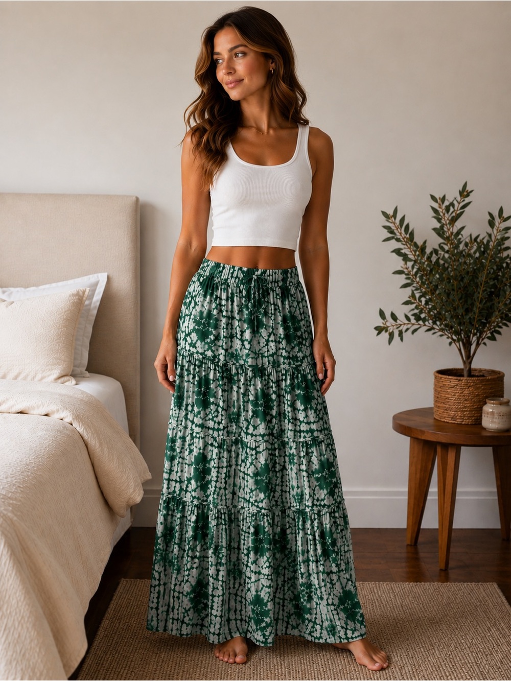 Tiered Green Floral Maxi Skirt - Women's